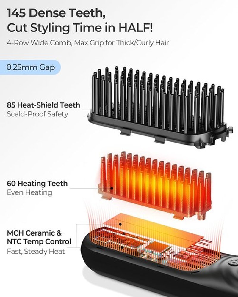 Skiennix Cordless Hair Straightener Brush - Portable Mini Travel Design for Thick Curly Hair | Cool Air & 350M Negative Ions for Frizz-Free Styling