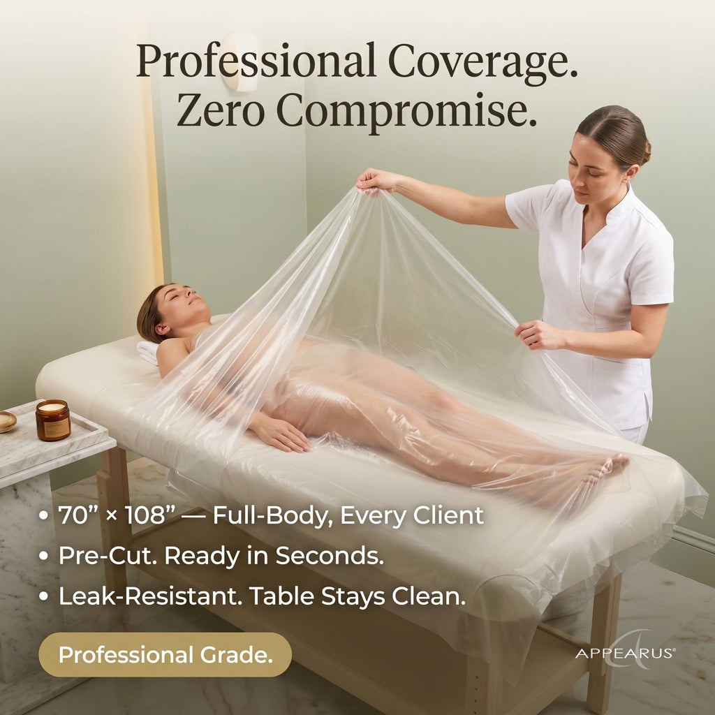 APPEARUS Extra Large Disposable Body Wrap Sheets 70x108 Pre-Cut Professional Plastic Film Liners for Spa Salon Moisturizing Skin Application 24 Count