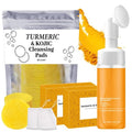 4Pcs Turmeric Wash and Care Three Piece Set,Turmeric Trio: Facial Wash,Cleansing Mousse & Soap for Skin Care,Turmeric Cleansing Exfoliating Pads,Turmeric Face Wash for Face & Body