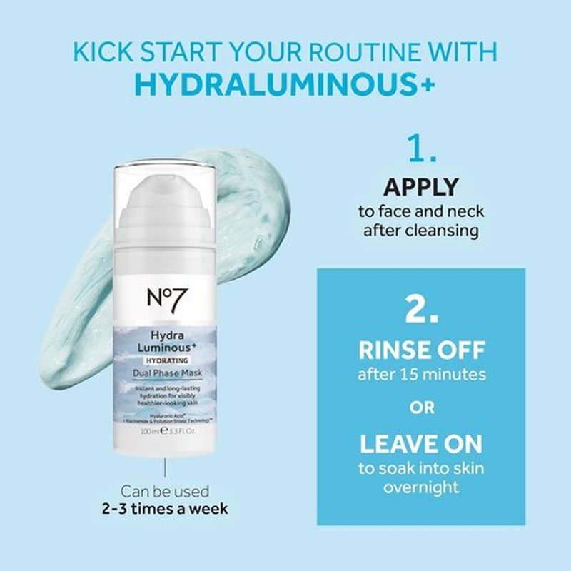 No7 HydraLuminous+ Hydrating Face Mask - Dual Phase Overnight Treatment with Hyaluronic Acid & Vitamin B3 (3.5 Fl Oz)