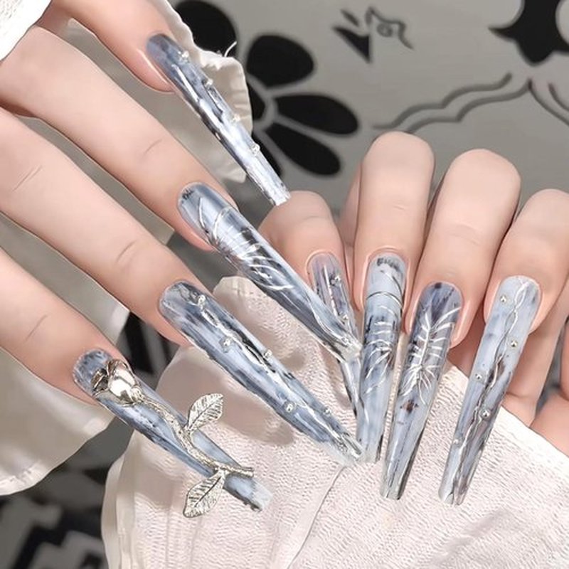 Long Sliver Press On Nails Pearl Artificial Nails, Almond Rose Butterfly Reusable Stick on Nails, Heavy Duty Nails for Women Girl Bride, Party Costume Fingernail Cosplay Drama Dance Show Decoration-L