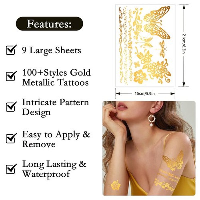 Konsait 9 Sheets Metallic Gold Temporary Tattoos for Women & Girls - Elegant Lion, Turtle, Floral, Butterfly & Elephant Designs for Parties, Cosplay, Festivals, Face & Body Art