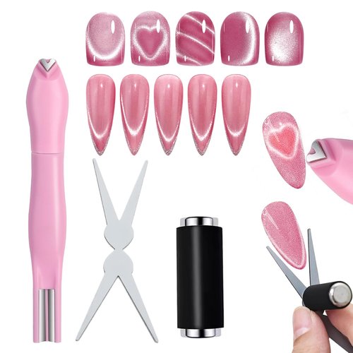 JERCLITY 1 Pieces Light Pink Cat Eye Magnet for Nails 3 in 1 Heart Magnet for Cat Eye Gel Polish, Cylindrical Magnets with Scissor Shaped Tools for French Cat Eye Effect