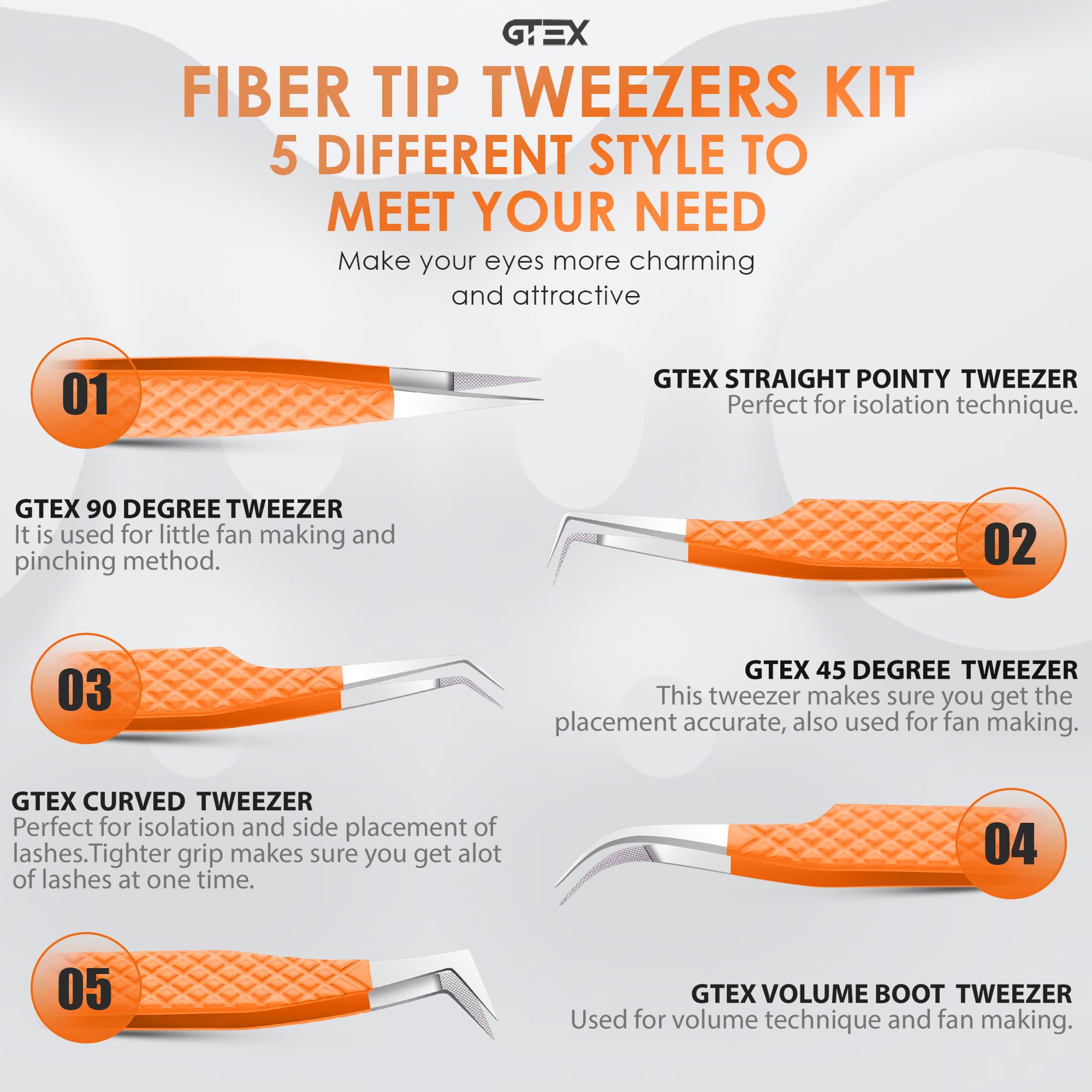 GTEX Fiber Tip Lash Tweezers For Eyelash Extension Set of 5, Professional Eyelash Tweezers For Lash Extensions - 90 45 Degree Curved Volume Tweezer Orange