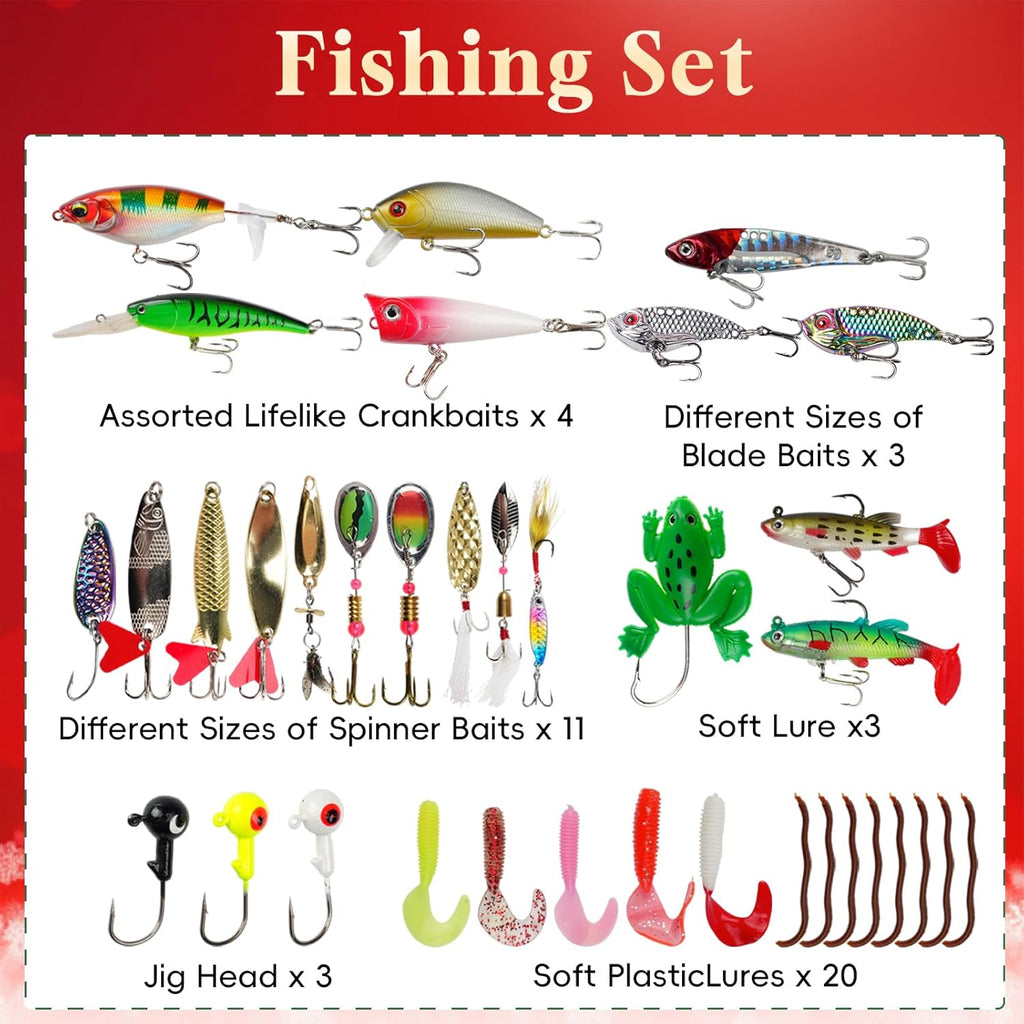 Advent Calendar 2025 Fishing Lure Set - 24 Soft & Hard Lures for Freshwater & Saltwater Fishing Gifts