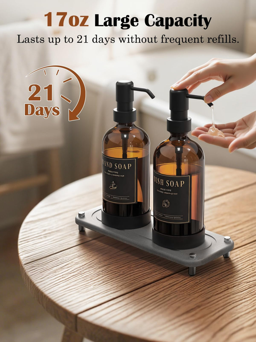 Luxspire Soap Dispenser Set, Hand Soap Dispensers with Fast Drying Tray, 17 oz Glass Refillable Liquid Bottle for Bathroom & Kitchen, Kitchen, 2 Pack, Brown + Dark Gray