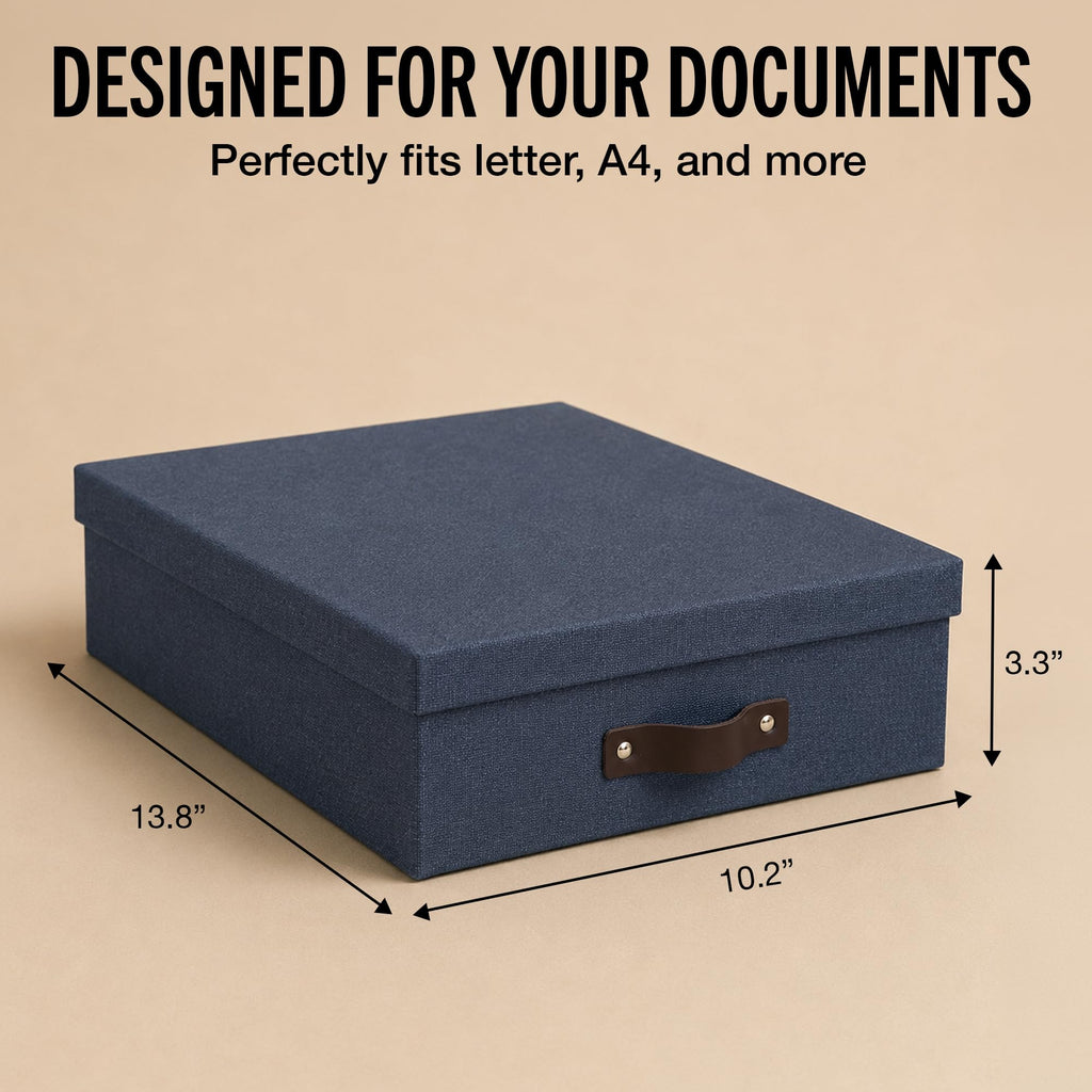 Bigso Oskar Canvas Fiberboard Document Letter Box | File Organizer Document Box for Important Paperwork | Document Storage Box with a Lid & Handle | 3.3″x10.2″x13.8″ | 3 Pack | Blue