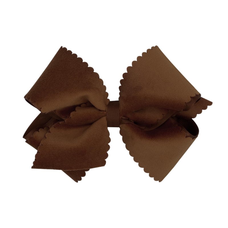 Wee Ones Girls' Grosgrain Hair Bow with Scalloped Edge Faux Velvet Overlay, Small King, Brown