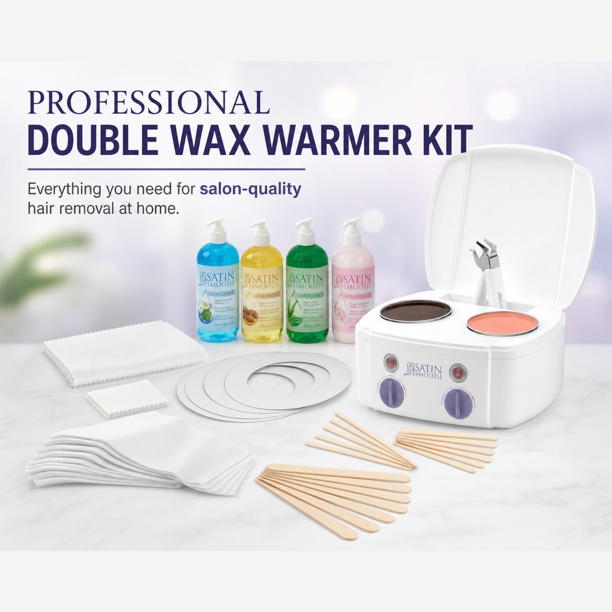 Satin Smooth Professional Dual Wax Warmer Kit - Hair Removal System with Hard & Soft Wax Accessories, Pre & Post-Wax Care Supplies, Spa Waxing Kit for Face and Body