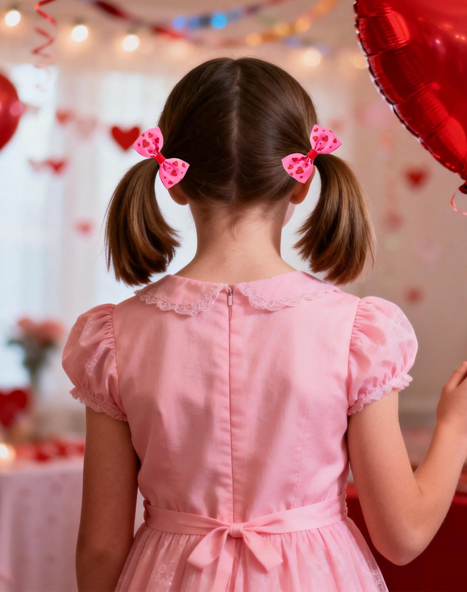 Valentines Day Hair Bow Clips Set, 4PCS Glitter Red Heart Hair Accessories for Girls & Teens, Non Slip Metal Hairpin Love Valentines Day Bows for Ponytail & Braids - Hot Pink