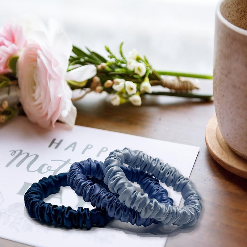 VLOMOT 3 Pcs Set 100% Pure Mulberry Silk Hair Scrunchies Hair Ties with 3 Chic Colors Everyday Skinny Scrunchies Silk Ponytail Holders Hair Care No Damage (Blue)