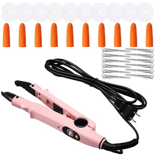 Lanties Hair Extensions Iron Fusion Keratin Hair Extensions Heat Tool Heat Connector Wand with Fusion Glue Protector Template Hair Clip Finger Protector 2 Bag Keratin Glue Granule Bead(Light Pink)