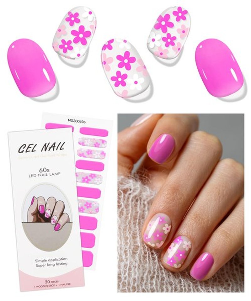 JMEOWIO Gel Nail Stickers Pink Flower Transparent Semi Cured Gel Nail Strips Wraps UV/LED Nails Art Design Decoration Accessories