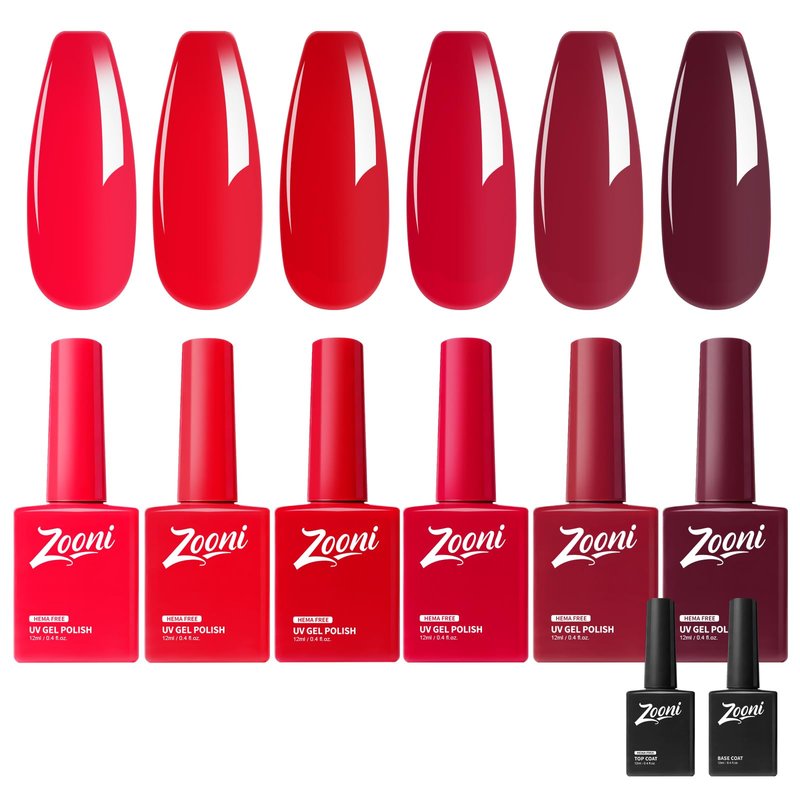 zooni Gel Polish 8 Pcs Hema-free Red purple dark red Gel Nail Polish Set 6 colors with Base & Top Coat UV LED High Gloss Soak Off DIY Salon Set