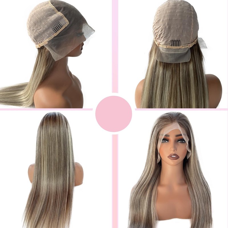Valiilo 13x6 HD Lace Front Wig Human Hair Ombre Highlight Ash Blonde 180% Density Colored Straight Wig for Women Glueless Lace Frontal Wig Pre Plucked Dark Brown Roots Human Hair Wig 18 Inch