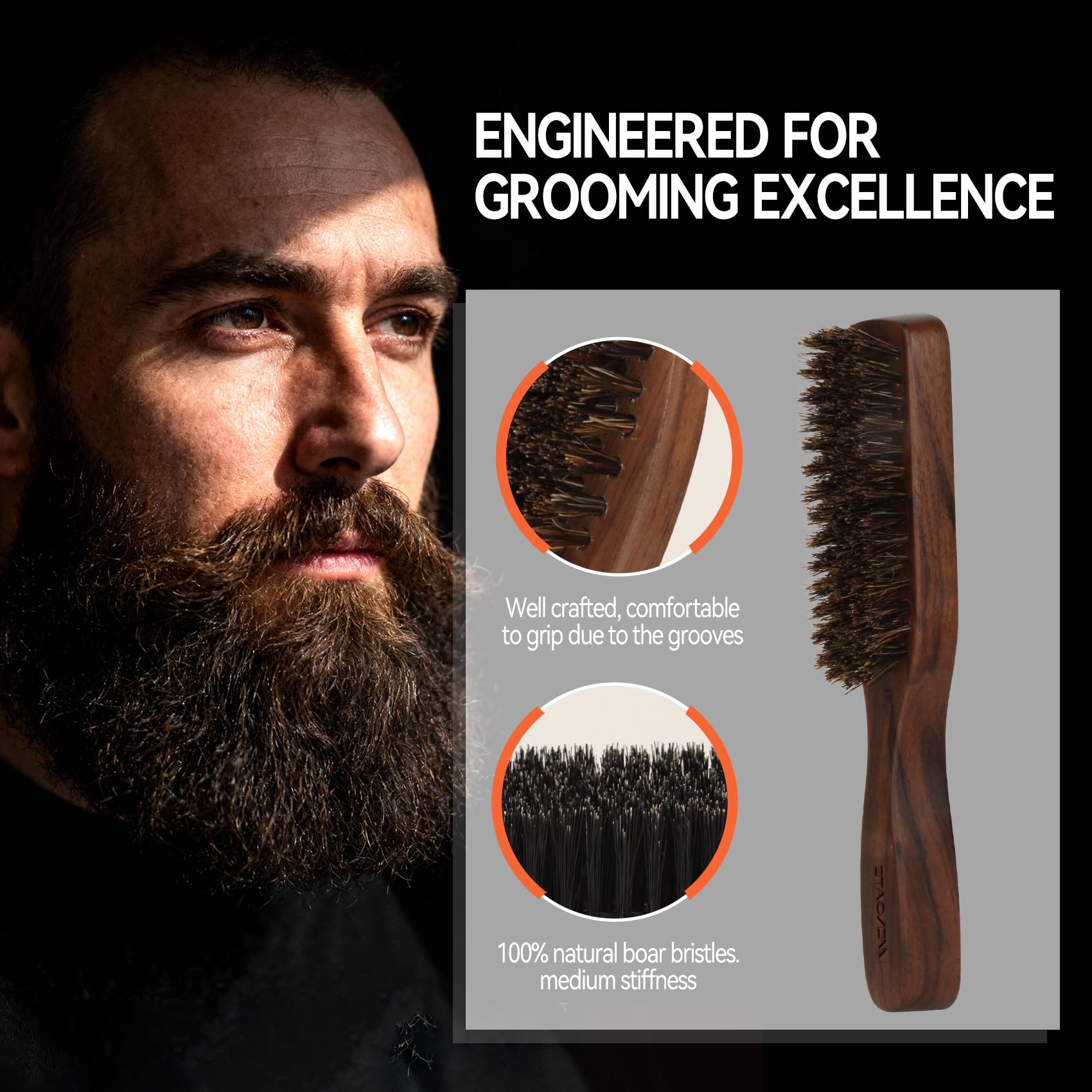 MenGate Boar Bristle Beard Brush for Men - Wooden Beard Brush and Slick Back Hair Brush with Metal Comb Keychain, Perfect for Home and Travel Use - Regular