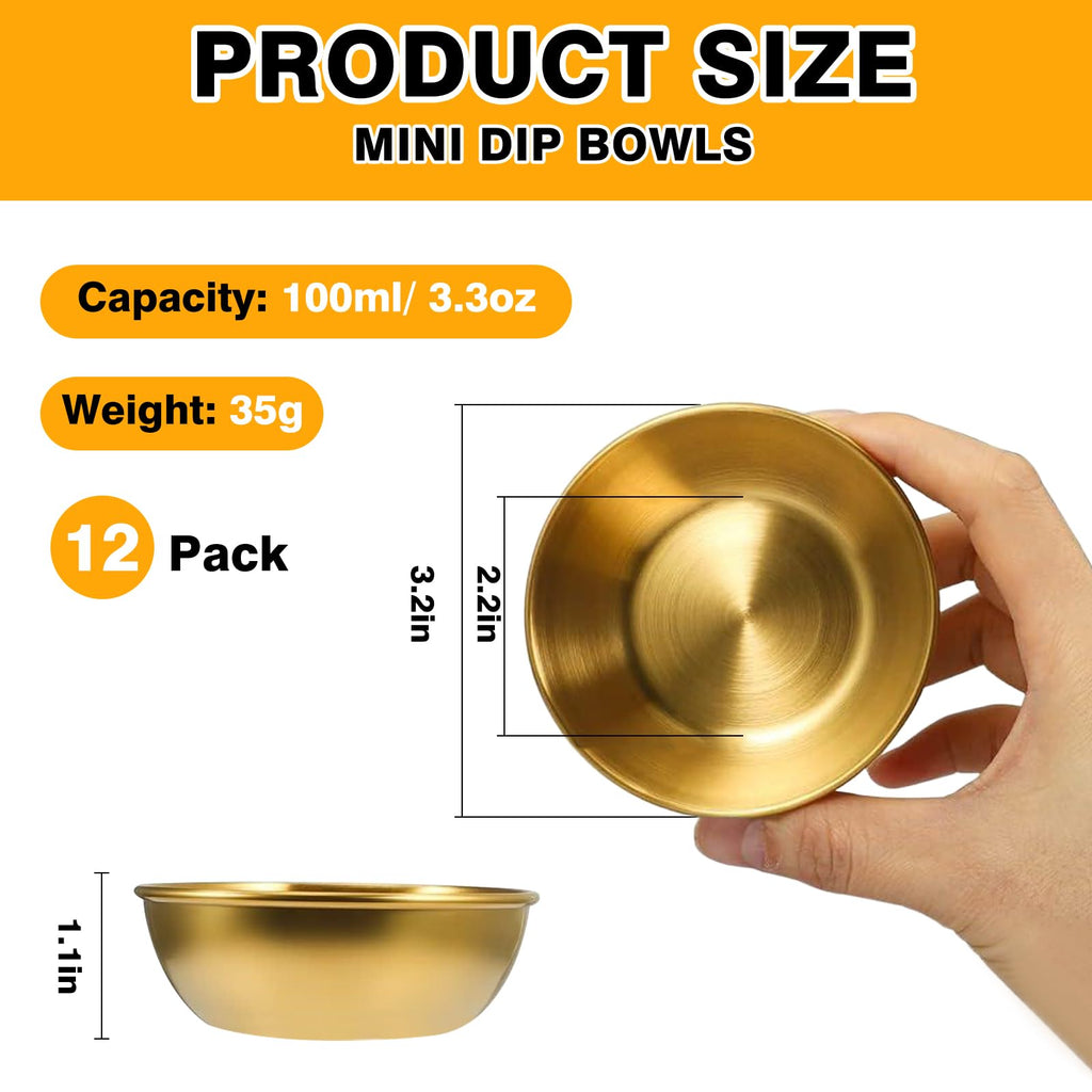ZXBMS 12 Pack 3.2 Inch Gold Stainless Steel Dipping Bowls – Small Bowls for Dips, Soy Sauce, Condiments, Appetizers, Facial Bowl for Esthetician Use