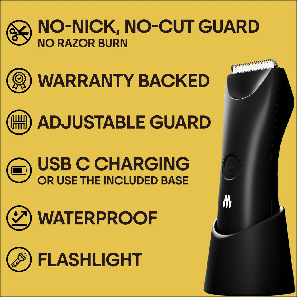 MERIDIAN The Trimmer Plus - Body Hair Trimmer & Waterproof Electric Shaver for Men and Women for Pubic Hair, Chest, Legs & Bikini Line, UBS-C Cable & Charging Dock Included, Onyx