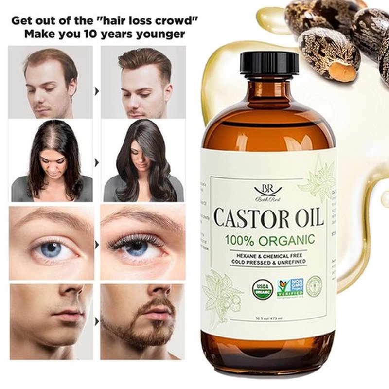 Bathrest Castor Oil Organic Cold Pressed Unrefined Glass Bottle 100% Pure for Hair Growth Eyelashes Brows Castor Oil Packs, Natural Skin Moisturizer, USDA Certified Hexane Free Vegan 16 oz (473ml)