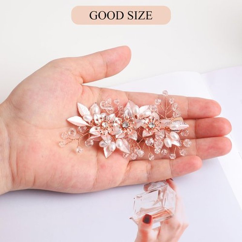 Sppry Floral Crystal Pearl Alligator Hair Clip and Rhinestone Bobby Pins, Elegant Hair Accessories for Bridal Women in Wedding or Prom, Set of 3 (Rose Gold)