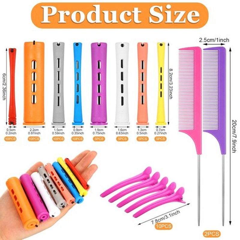 Skiennix 60 Pcs Perming Rods Set - 8 Sizes Cold Wave Rollers with Combs & Clips for Natural Hair Styling