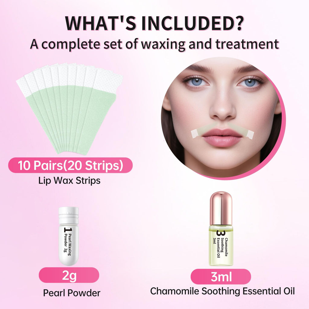 Beauty7 Lip Wax Strips for Women, Facial Wax Strips, Hair Removal for All Skin Types, 20 pcs Strips with Pearl Powder Essential Oil
