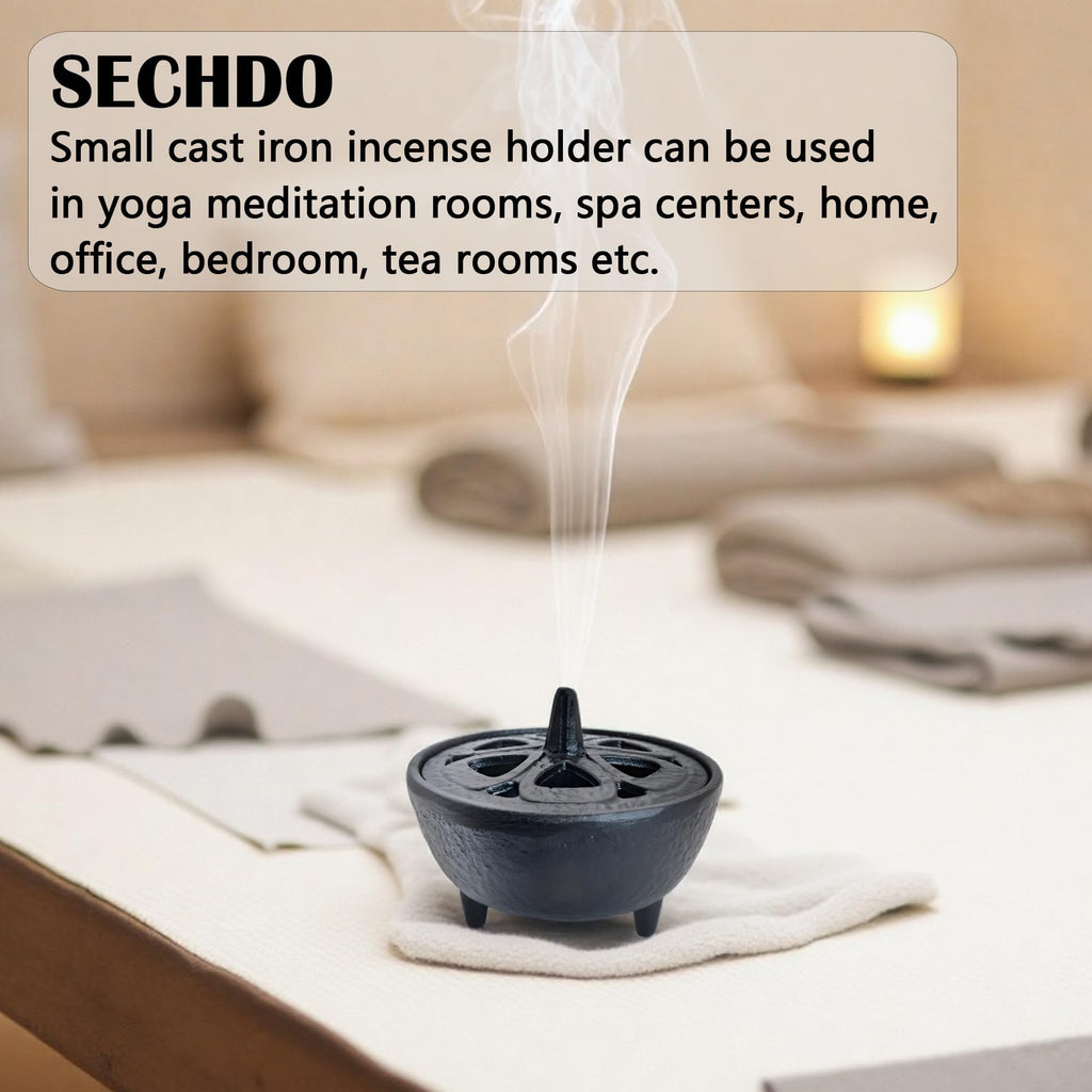 SECHUDO Small Cast Iron Incense Burner Holder, Home Decor, Bowl Design with Decorative Lid, Black Incense for Sticks, Resin, Cone Incense or Wax Melts