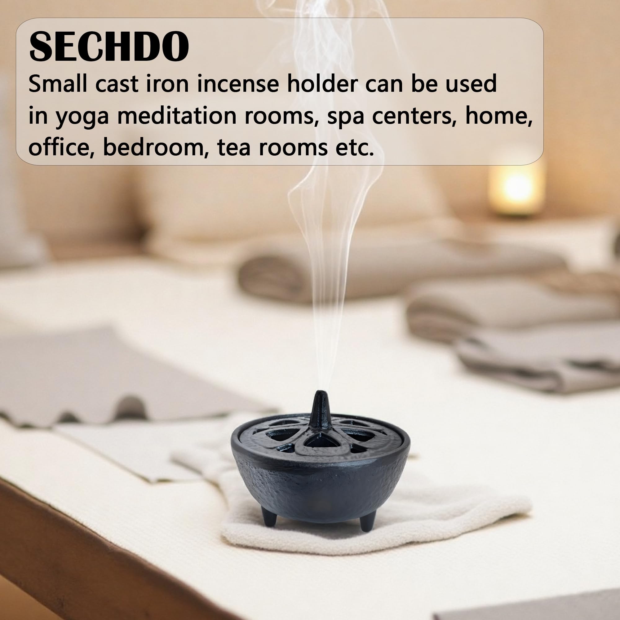 SECHUDO Small Cast Iron Incense Burner Holder, Home Decor, Bowl Design with Decorative Lid, Black Incense for Sticks, Resin, Cone Incense or Wax Melts