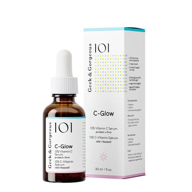 Geek & Gorgeous - C-Glow - lightweight, water-like 15% Vitamin C + Ferulic acid & Vitamin E Serum, protects against environmental damage, boosts collagen & evens skin tone - all skin types, 1 oz