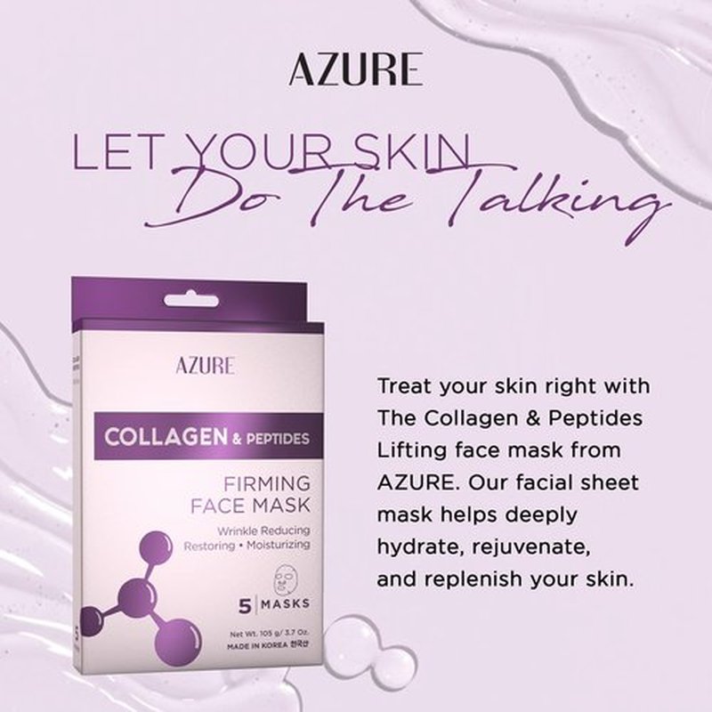AZURE Collagen & Peptides Lifting Sheet Facial Mask - Restoring, Smoothing & Moisturizing Face Mask - Helps Reduce Fine Lines & Wrinkles, Smooths & Repairs - Skin Care Made in Korea - 10 Pack