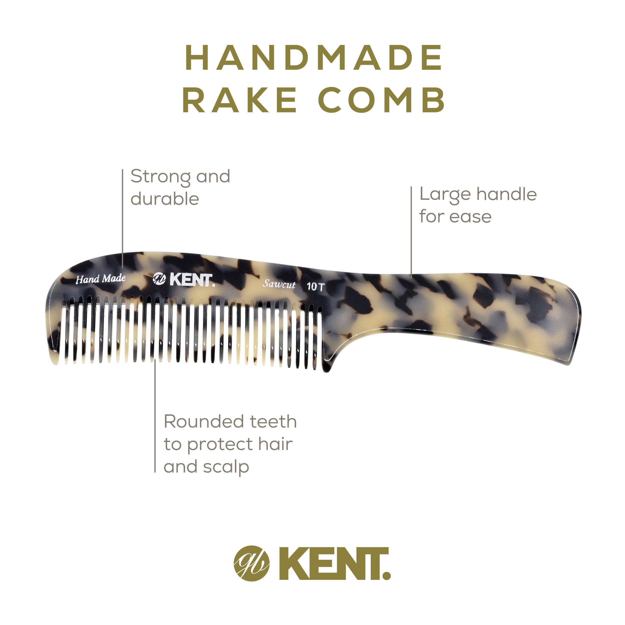Kent 10T TW Large Detangler Comb, Handmade Wide Tooth Comb for Curly Thick Hair, Detangling Combs For Wet and Dry Hair, Saw-Cut and Hand Polished Made in England