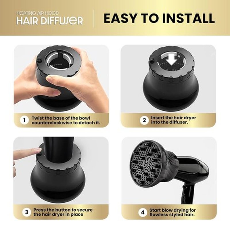 Herbishh Hair Dryer Diffuser - Universal Fit for Curly & Wavy Hair - Reduces Frizz & Adds Volume - Adjustable 3.5 to 8 cm (Black)