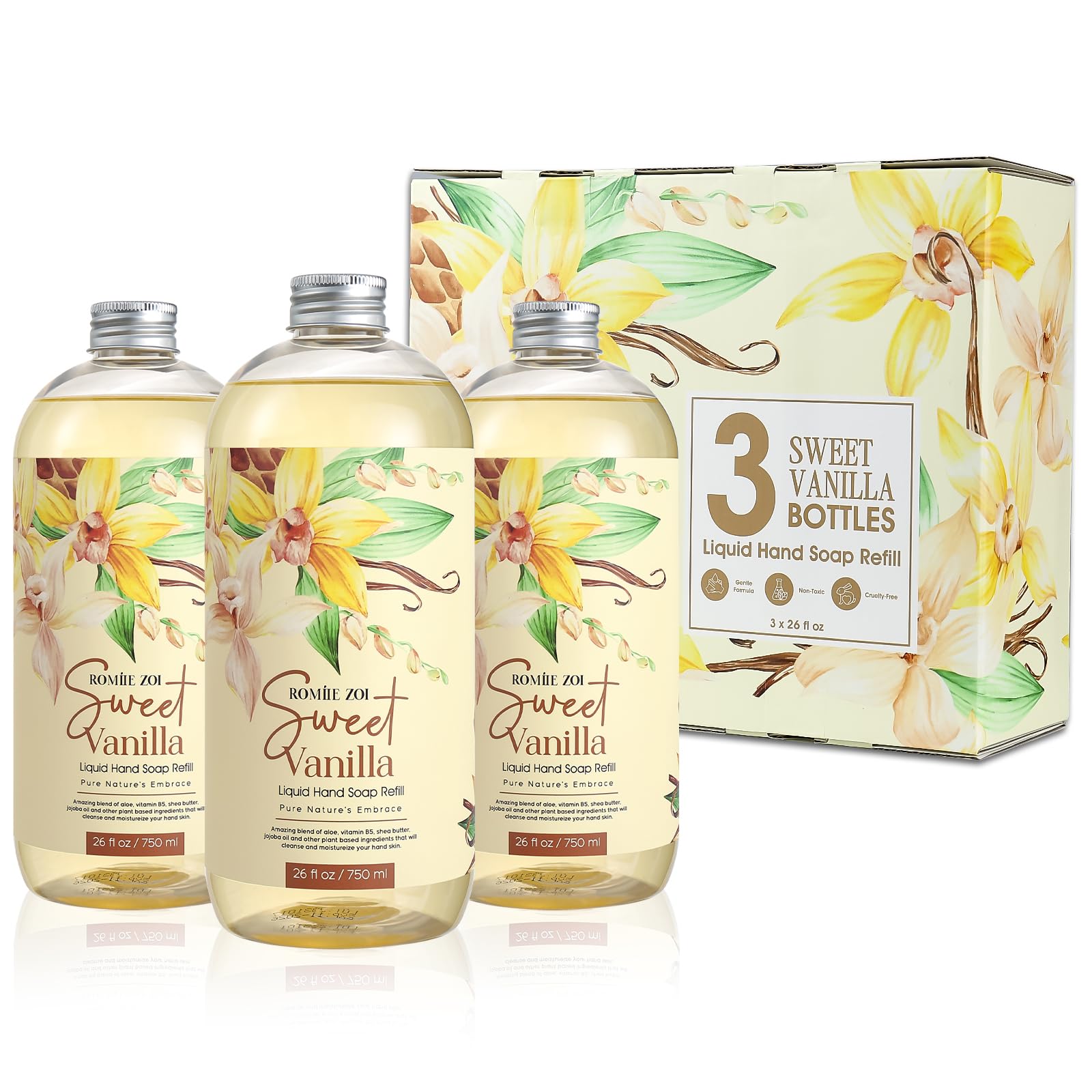 ROMIIE ZOI Liquid Hand Soap Refill Gift Set, Sweet Vanille, 3 Pack (26 Fl Oz Each), Plant-Based, Biodegradable & Gentle Formula for Daily Use in Kitchen, Bathroom