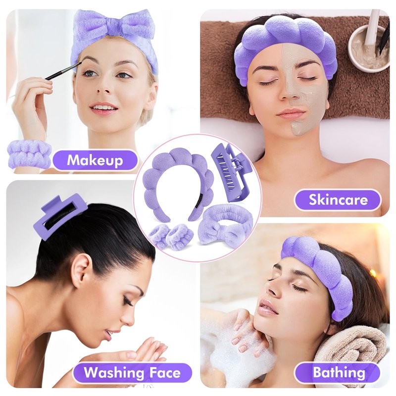 Zkptops 5Pcs Spa Headband for Washing Face Wristband Set Sponge Makeup Skincare Terry Cloth Bubble Soft Hairband Claw Clips for Thick Hair Puffy Padded Headwear Non Slip Hair Accessory (Purple)