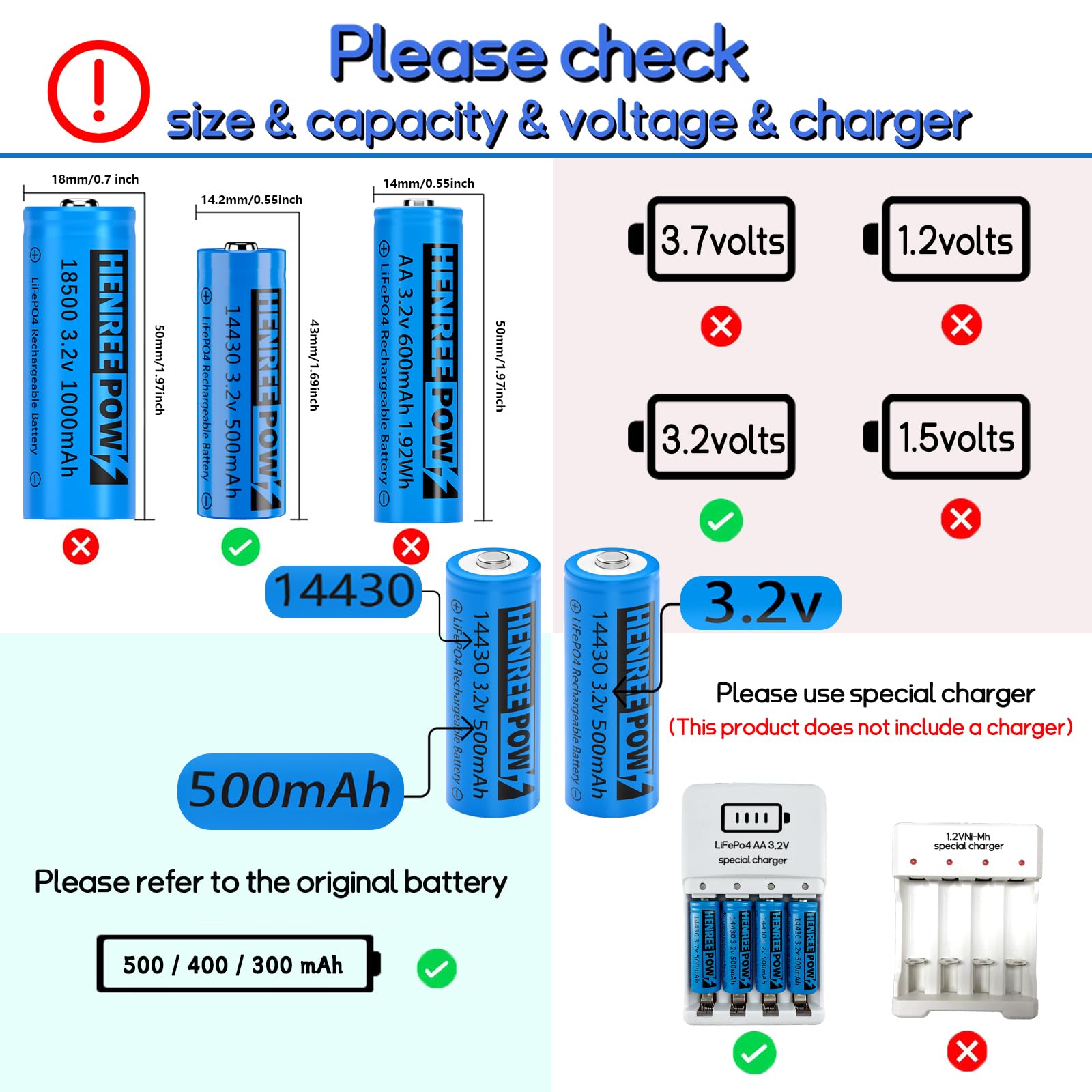 Henreepow LiFePo4 Battery 14430, 3.2v Rechargeable Solar Batteries, 500mAh LiFePo4 Battery for Outdoor Solar Garden Lights, Shaver, Flashlight, Toothbrush (6pack-Not AA Size)