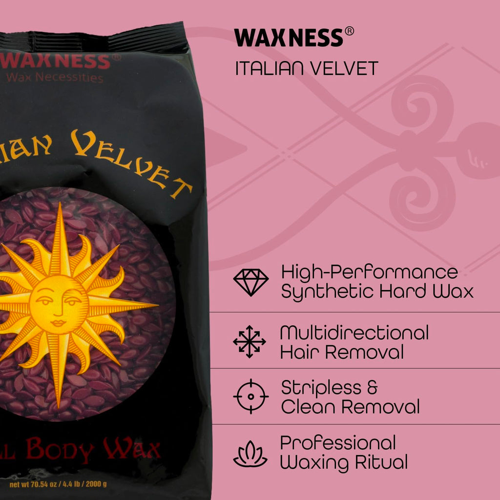 Waxness Italian Velvet Hard Wax Beads Small Bag Size 3.5 oz / 100 g – Multidirectional Formula for Full Body and Large Areas Professional Use – Made in Italy