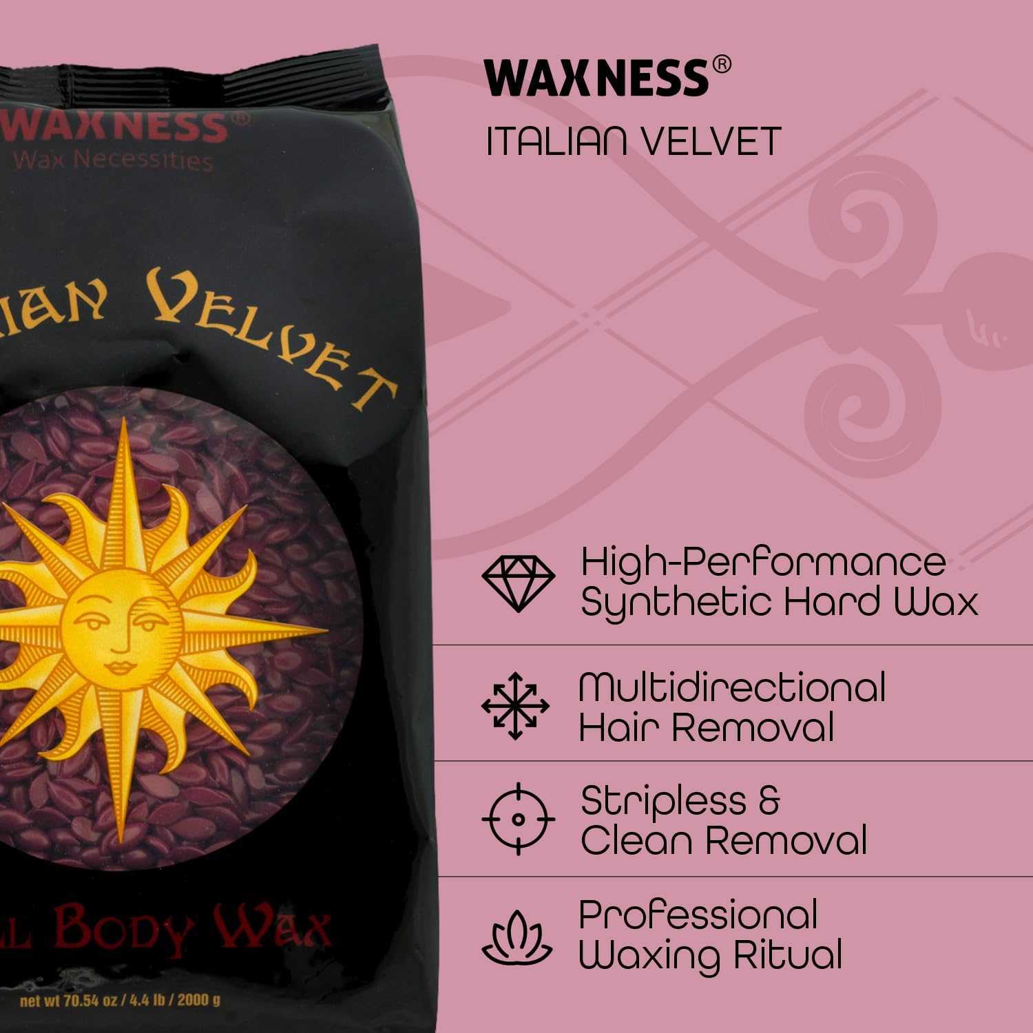 Waxness Italian Velvet Hard Wax Beads Small Bag Size 3.5 oz / 100 g – Multidirectional Formula for Full Body and Large Areas Professional Use – Made in Italy
