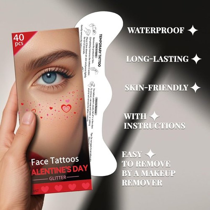 Cerlaza Valentines Day Accessories, 40 Pcs Valentines Temporary Tattoos Heart Glitter Freckles Face Stickers Makeup for Woman, Valentine's Day Trinkets Decorations Party Favors Goodie Bag Stuffers