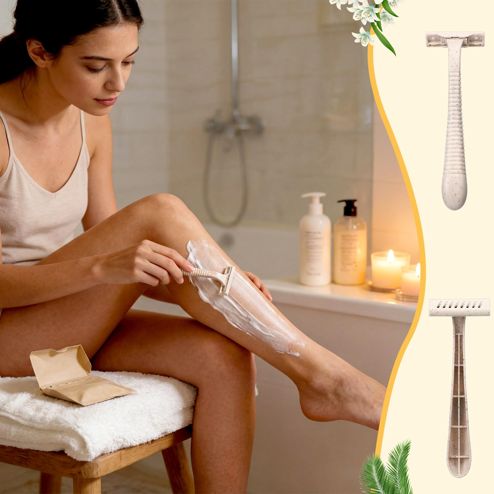 LemonRoad 50 Pcs Individually Wrapped Disposable Razors Bulk for Women Men Biodegradable Portable Twin Blade Shaving Razor Wheat Straw Shavers for Hotel Homeless Shelter Charity Camping Travel