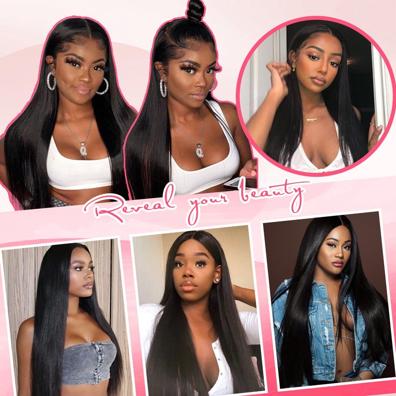 Yifute 16A Straight Bundles Human Hair with Closure 18 20 22 24+16 Inch, 100% Unprocessed Brazilian Virgin Human Hair, Weave 4 Bundles with Frontal 13x4 HD Lace Free Part for Women Natural Color