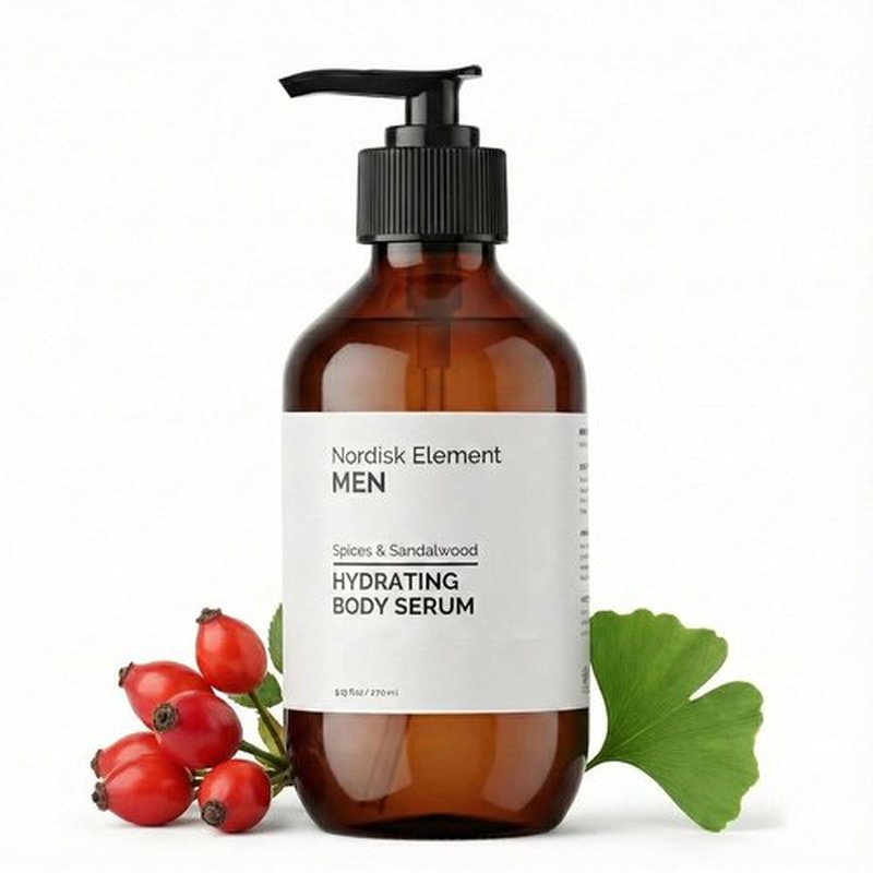 Nordisk Element Body Serum for Men - Lightweight Hydrating Serum with Hyaluronic Acid & Antioxidants | 9.13 Fl Oz, Vegan Sandalwood Scent