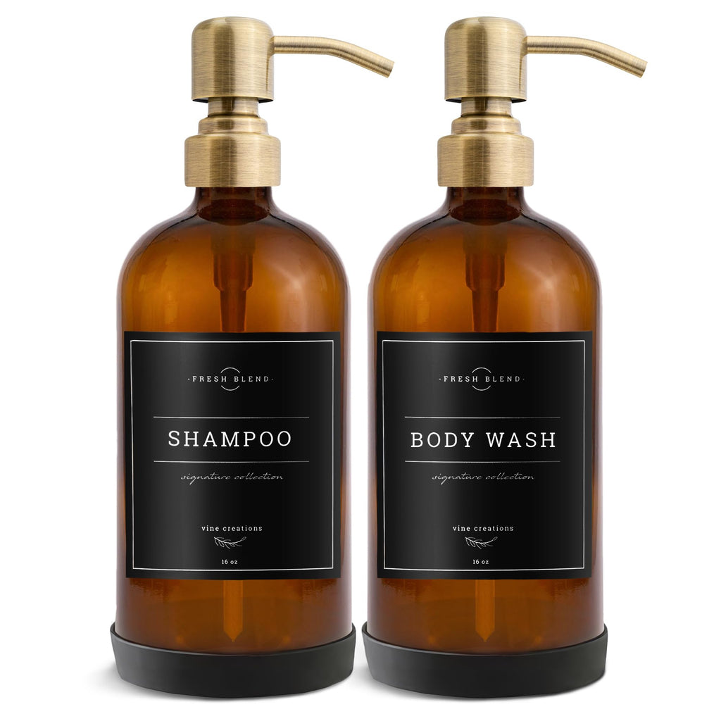 Vine Creations Amber Glass Soap Dispenser, 2 Pack Kitchen Soap Dispenser Set with Stainless Steel Pump, 16 oz Dish Soap and Hand Soap Dispensers for Bathroom with Waterproof Labels and Protective Pads