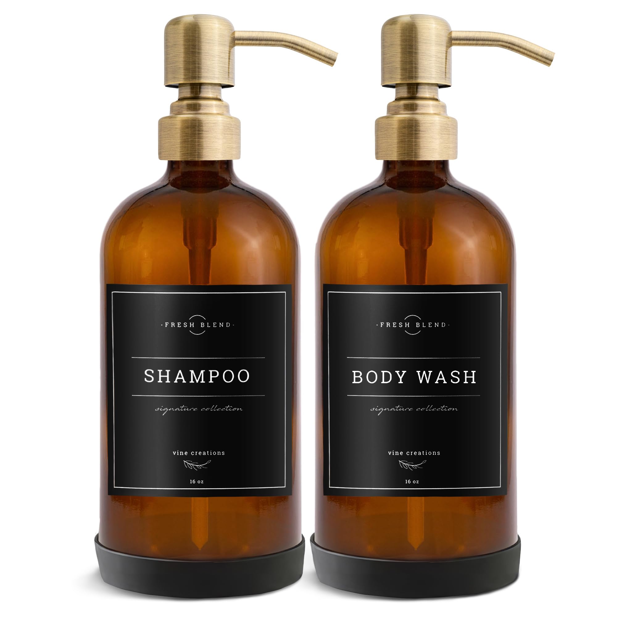 Vine Creations Amber Glass Soap Dispenser, 2 Pack Kitchen Soap Dispenser Set with Stainless Steel Pump, 16 oz Dish Soap and Hand Soap Dispensers for Bathroom with Waterproof Labels and Protective Pads