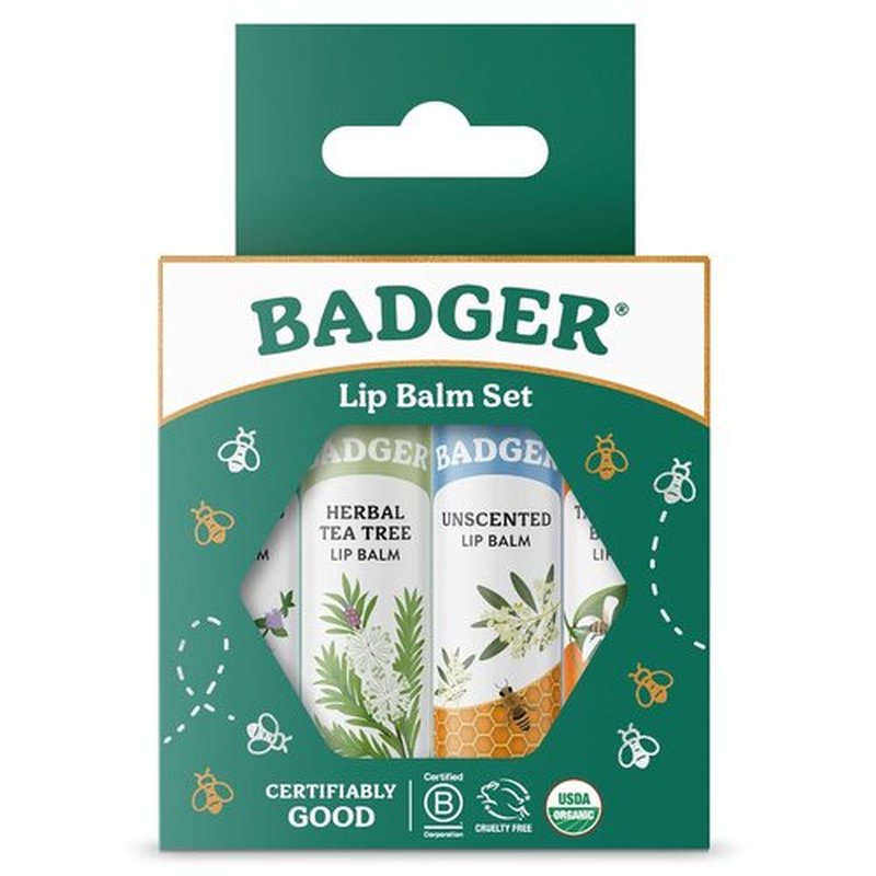 Badger Classic Organic Lip Balm Set - All-Natural Moisturizer Variety Pack | 4 Long-Lasting Balms (Unscented, Tea Tree, Mint & Tangerine)
