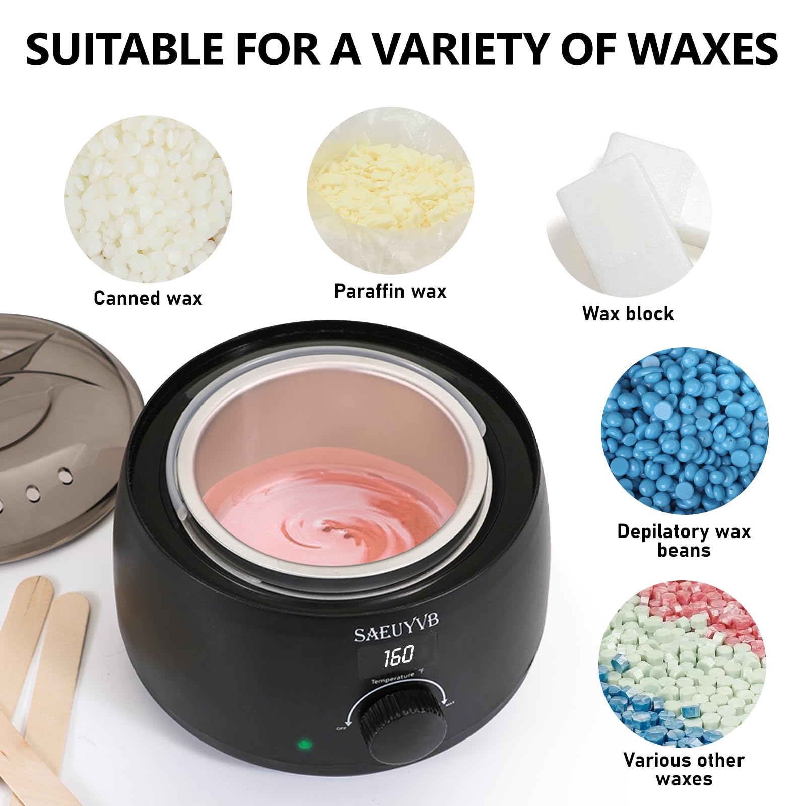 Waxing Kit for Women - Premium Hot Melt Hard Wax Warmer for Hair Removal, Eyebrow, Bikini, Legs, Face, Brazilian Wax - Machine, 5-Pack Beads, Accessories, Black
