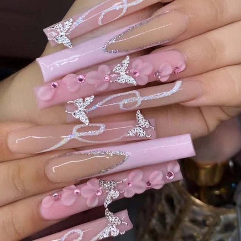 DANMANR French Press on Nails Pink Fake Acrylic Long Nails Square Flower Full Cover Fake Nails for Women and Girls 24PCS