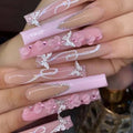 DANMANR French Press on Nails Pink Fake Acrylic Long Nails Square Flower Full Cover Fake Nails for Women and Girls 24PCS