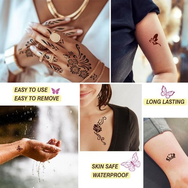 Temporary Tattoo Kit for Teens & Adults – 3 Tattoo Pastes (2 Brown+Cherry Red), 100pcs Reusable Stencils, Outline Pen, Long Lasting Waterproof Body Art, DIY Skin Painting for Festivals, Parties Makeup