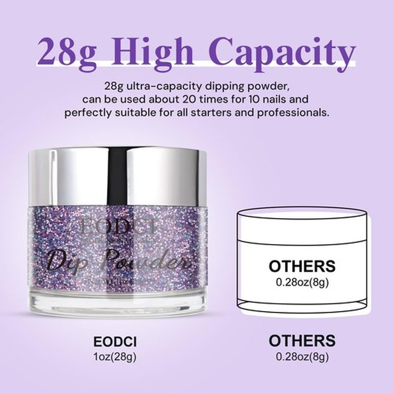 EODCI Dip Powder for Nails, Purple Glitter Dipping Powder - No Needed Nail Lamp Curing - Long Lasting Dip Nail Colors - Nail Art Starter Manicure DIY at Home 1oz