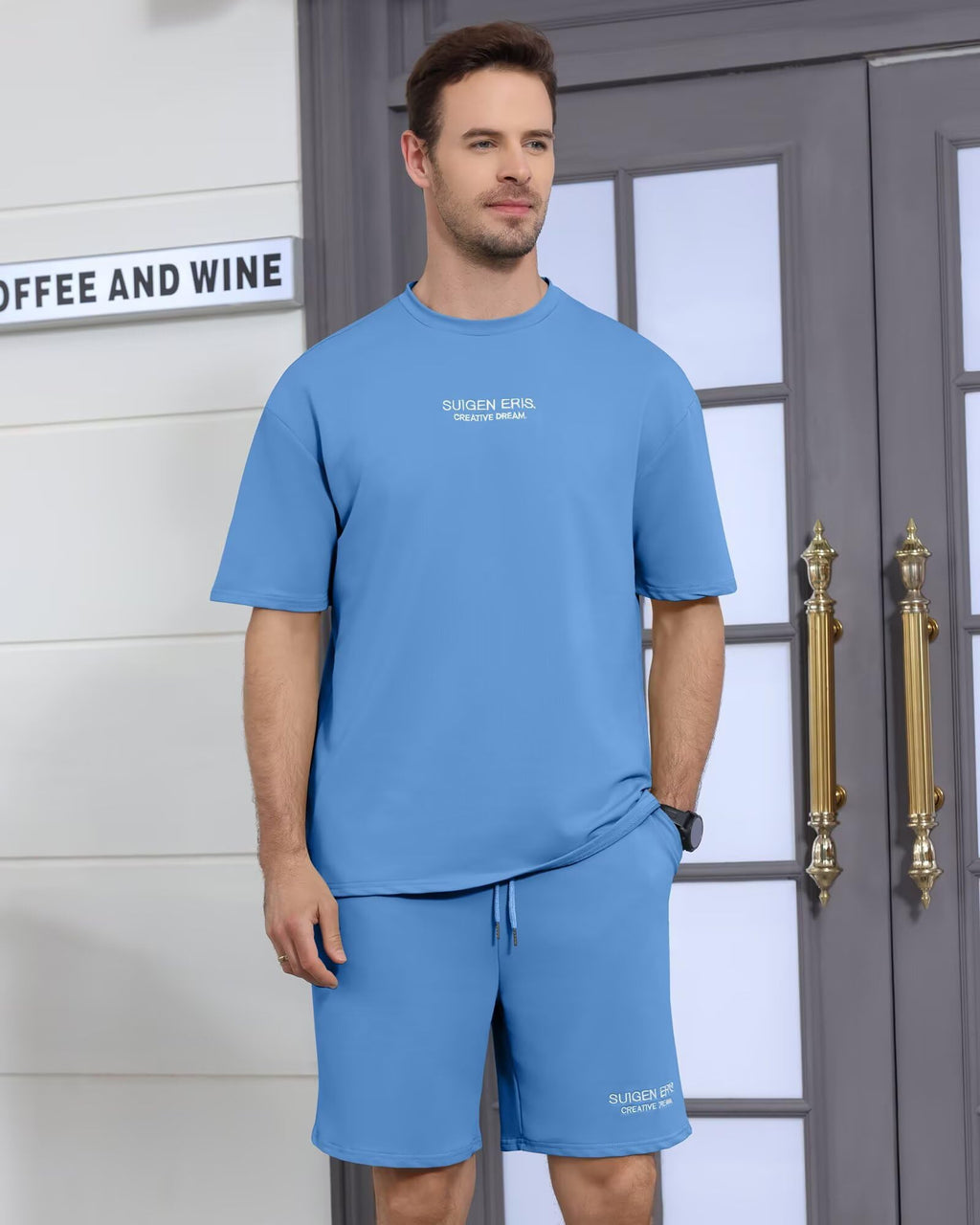 Epoleatries Men's 2 Piece Outfits Letter Drop Shoulder Oversize Tee Shirt Shorts Set Athletic Jogging Summer Tracksuit Light Blue M
